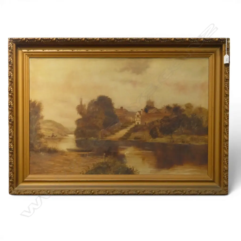 ANTIQUE OIL ON CANVAS RIVER SCENE 485x745mm small hole Image 1++