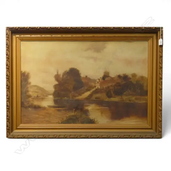 ANTIQUE OIL ON CANVAS RIVER SCENE 485x745mm small hole