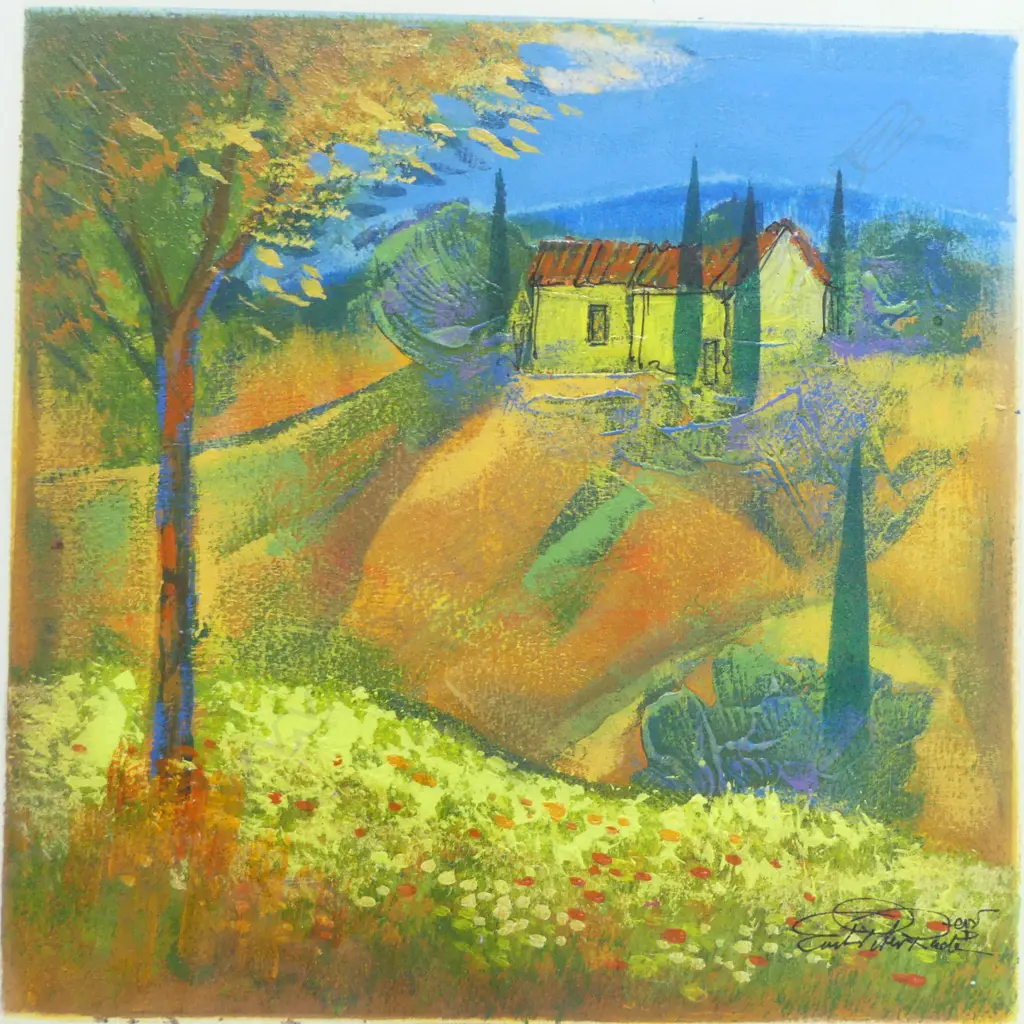 UNKNOWN GERMAN ARTIST, EUROPEAN LANDSCAPE, MIXED MEDIA, SIGNED 320x320mm Image 1++