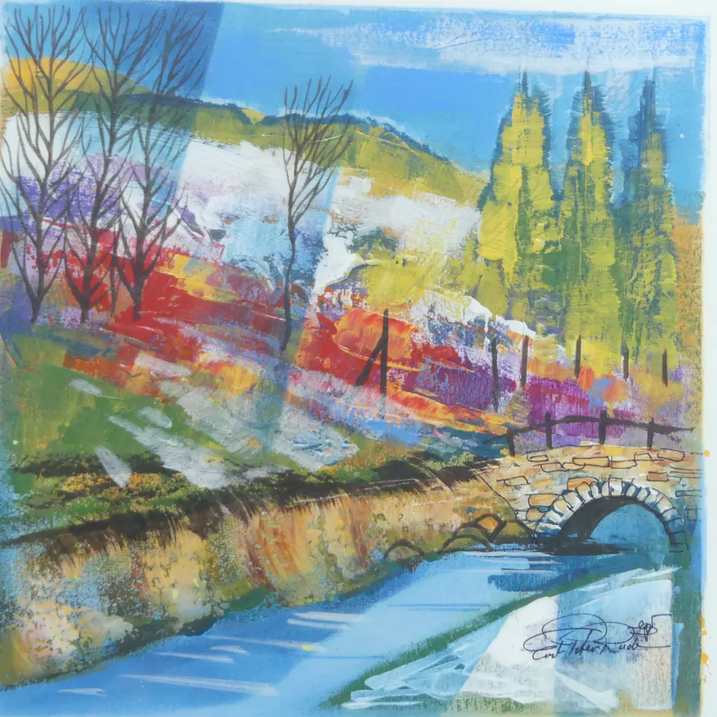 UNKNOWN GERMAN ARTIST, EUROPEAN LANDSCAPE, MIXED MEDIA, SIGNED 320x320mm Image 1++