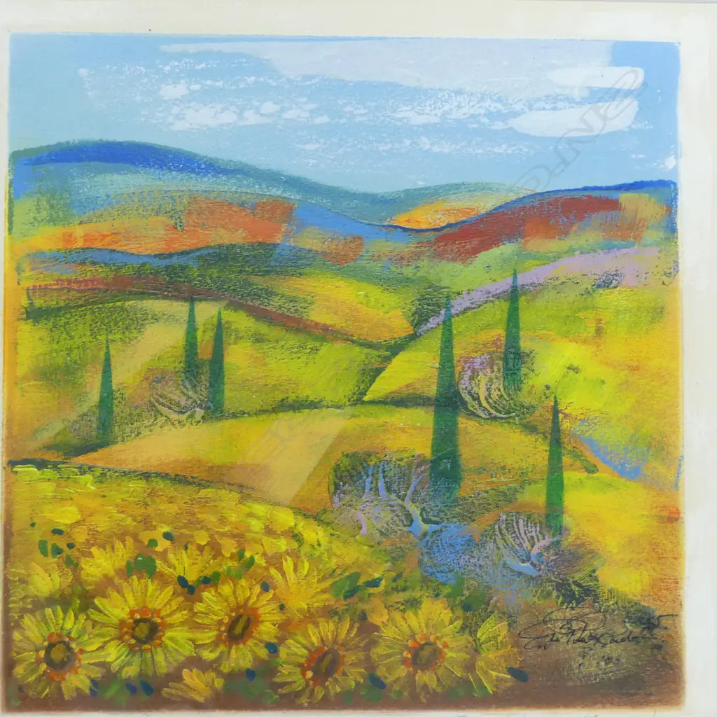 UNKNOWN GERMAN ARTIST, EUROPEAN LANDSCAPE, MIXED MEDIA, SIGNED 320x320mm Image 1++