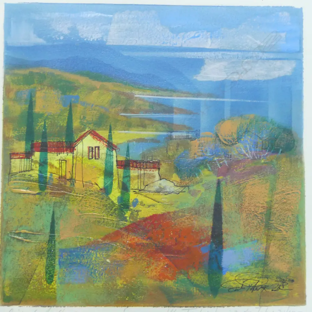 UNKNOWN GERMAN ARTIST, EUROPEAN LANDSCAPE, MIXED MEDIA, SIGNED 320x320mm Image 1++