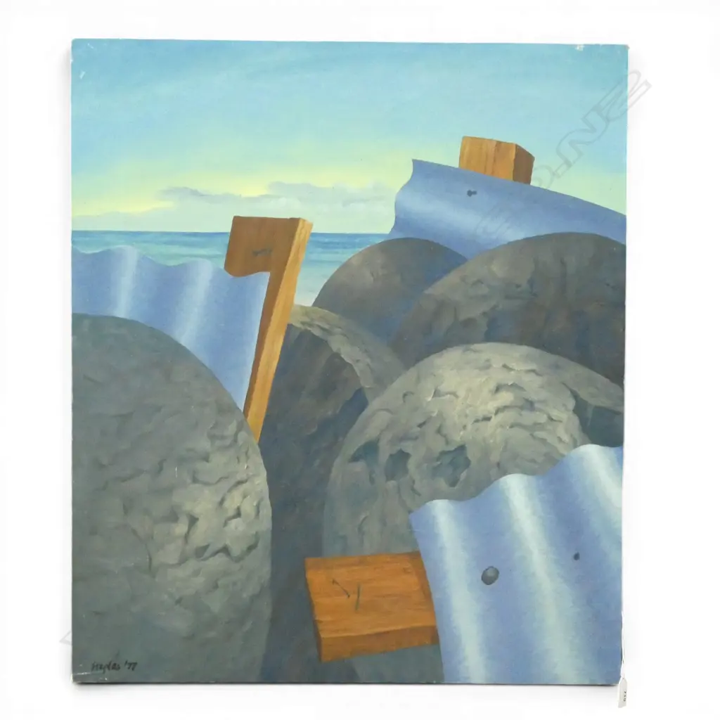 ROGER STAPLES (1942-2025) 'BEACH CONSTRUCTION' ACRYLIC ON CANVAS, SIGNED & DATED '77 715x615mm Image 1++
