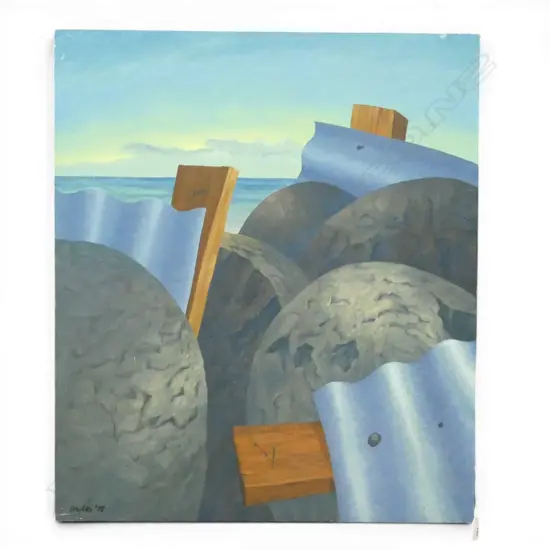ROGER STAPLES (1942-2025) 'BEACH CONSTRUCTION' ACRYLIC ON CANVAS, SIGNED & DATED '77 715x615mm