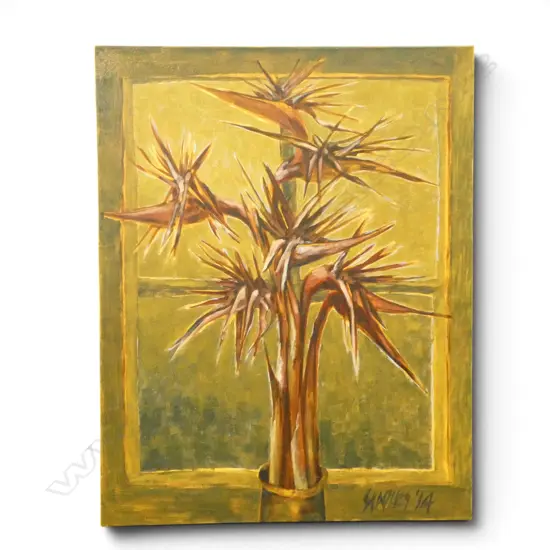 ROGER STAPLES (1942-2025) 'DRY STRELITZIA' ACRYLIC ON CANVAS, SIGNED & DATED '14 715x560mm