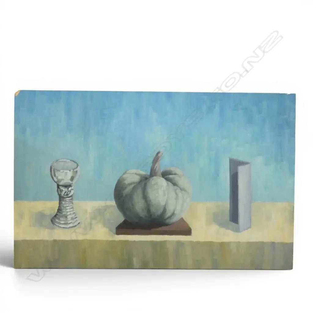ROGER STAPLES (1942-2025) 'GLASS, PUMPKIN, ANGLE IRON' ACRYLIC ON BOARD, SIGNED & DATED '84 VERSO 440x700mm Image 1++
