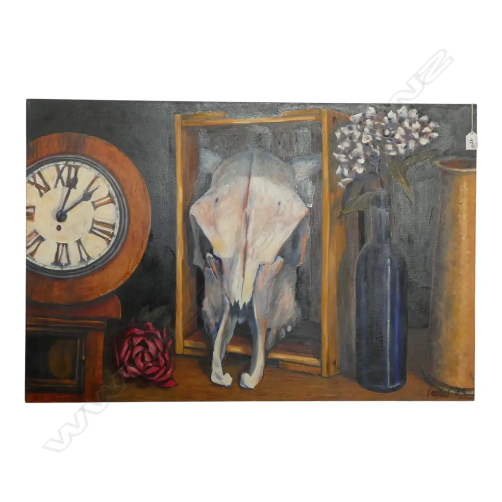 ROGER STAPLES, 'CLOCK, SKULL AND ROSE' OIL ON CANVAS, 2005 610x925mm Image 1++