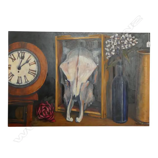 ROGER STAPLES, 'CLOCK, SKULL AND ROSE' OIL ON CANVAS, 2005 610x925mm