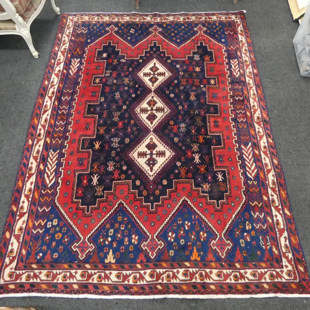 HAND KNOTTED WOOL PILE AFSHAR RUG slight wear to pile 2220x1650mm Image 1++