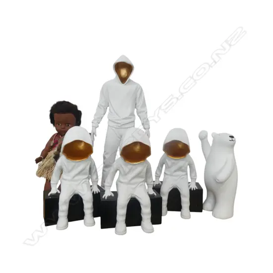 5 WHITE RESIN DECOR PIECES; 4 FIGURES + BEAR w. BALLOON, FAULTS