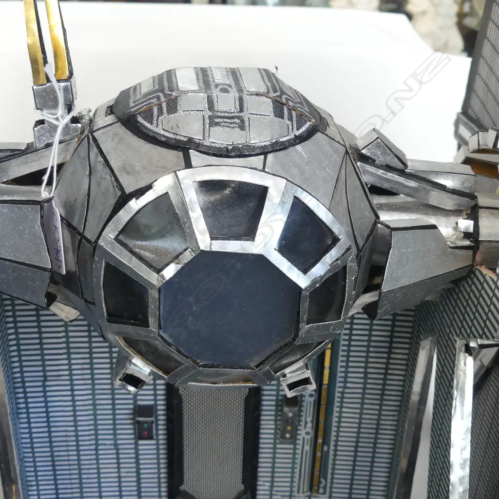 HAND MADE CARDBOARD STAR WARS TIE FIGHTER ON DIORAMA STAND BY STEFSKI NZ, SIGNED 410x435x530mm Image 1++