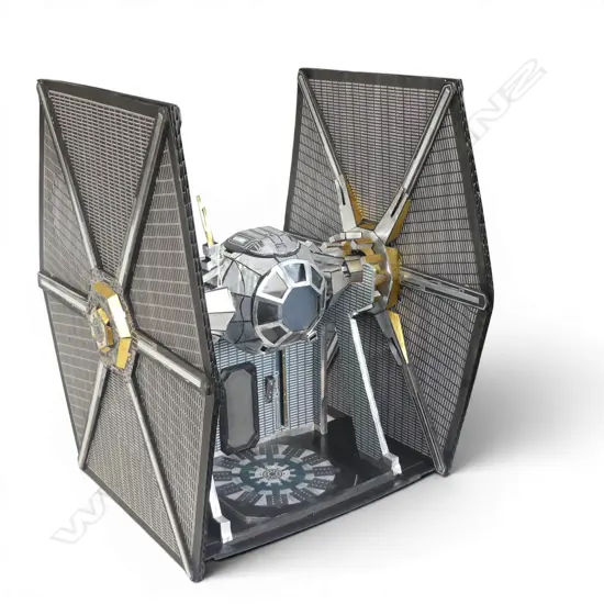 HAND MADE CARDBOARD STAR WARS TIE FIGHTER ON DIORAMA STAND BY STEFSKI NZ, SIGNED 410x435x530mm