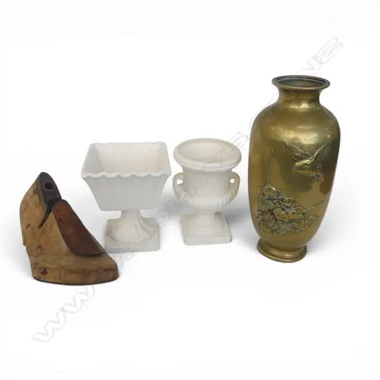 2 WHITE CERAMIC VASES, ORIENTAL BRASS VASE H.215mm, SHOE LAST