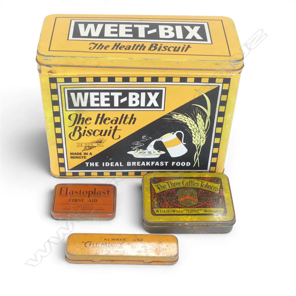 NZ METAL WEETBIX TIN + 3 OTHER VINTAGE TINS  Image 1++