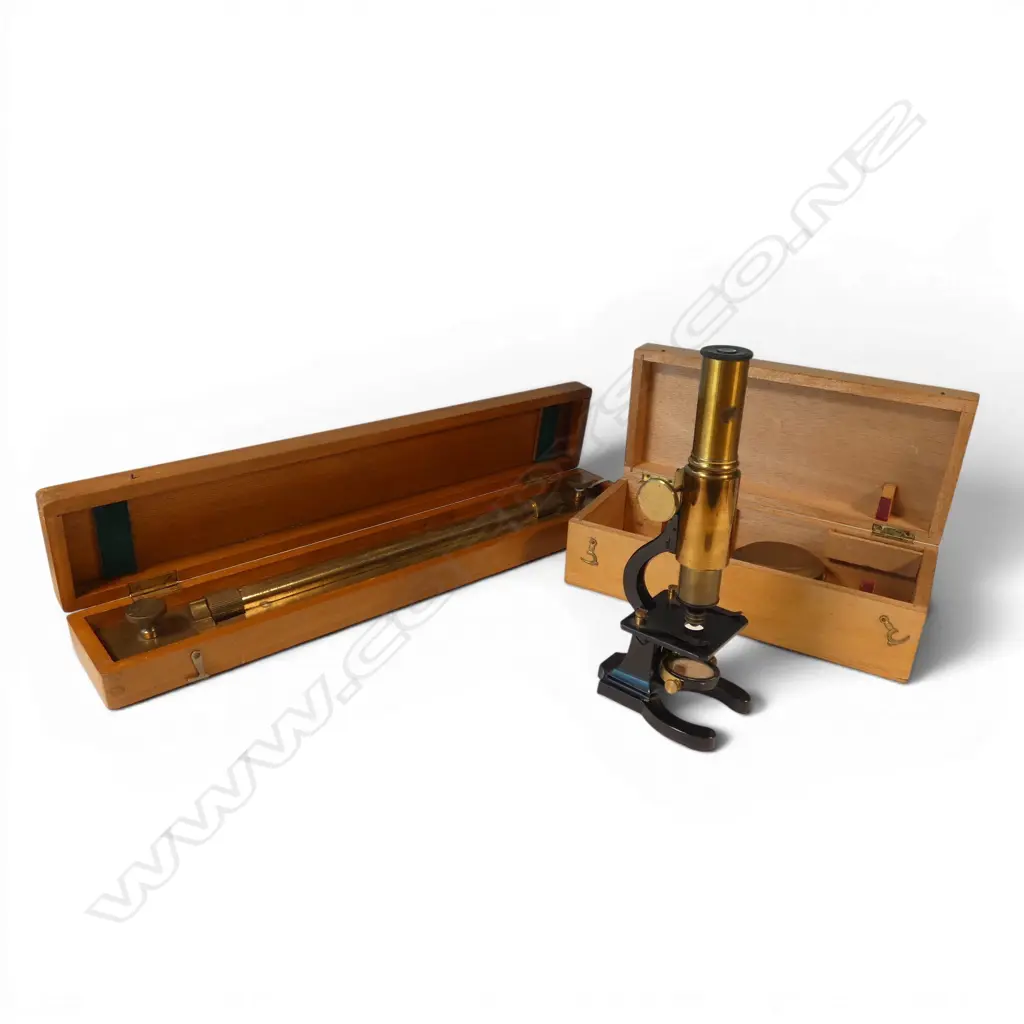 CASED MICROSCOPE, BRASS ROLLING PARALLEL RULER L.455mm, BOTH BOXED Image 1++