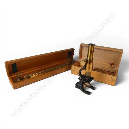 CASED MICROSCOPE, BRASS ROLLING PARALLEL RULER L.455mm, BOTH BOXED