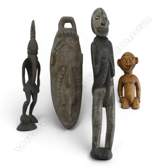 4 CARVED WOODEN TRIBAL PIECES; 3 FIGURES H.580mm + MASK
