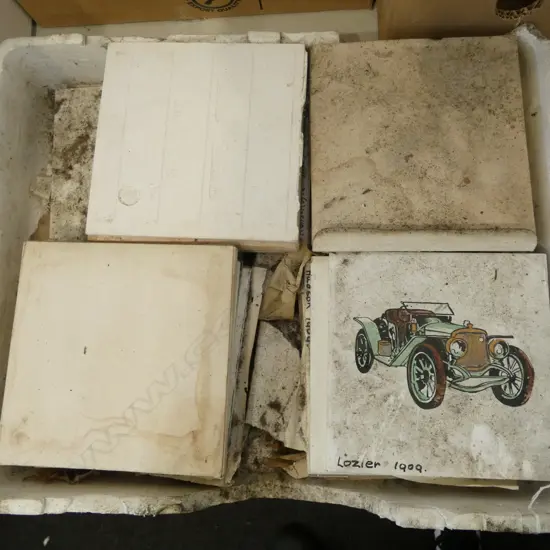 BOX VINTAGE CAR DECORATED TILES various cars named & dated