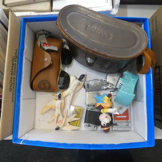 BINOCULARS, 6 LIGHTERS, RAY BAN SUNGLASSES, 3 WALL BIRDS ETC