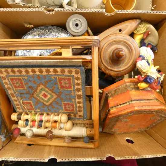 MINI LOOM MODEL w. RUG + ASST. TEXTILE CRAFT TOOLS, ETC