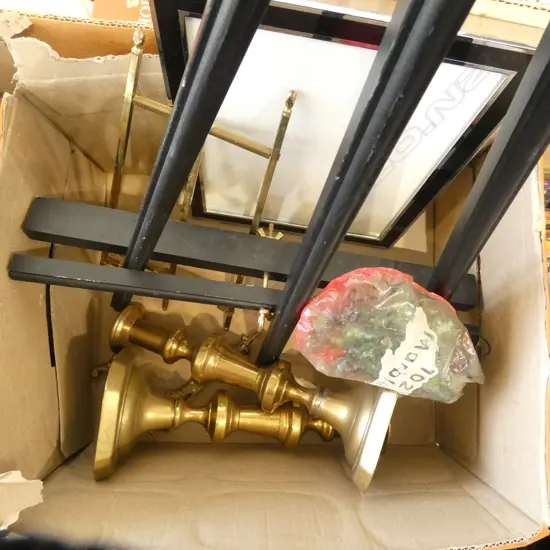 PR BRASS CANDLESTICKS, 3 PICTURE STANDS, MARBLES