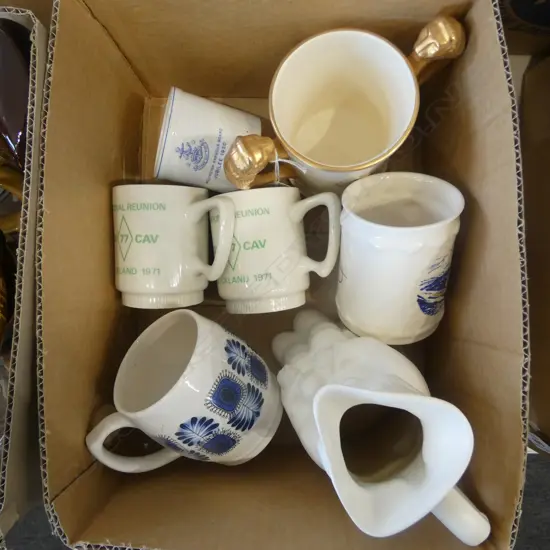 7 PCS  C/LYNN  WHITE TOBY JUG H180MM & 6  ASSORTED MUGS 