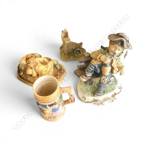 1 BEER STEIN. TWO NATURE CRAFT PAINTED CERAMIC FIGURES AND ONE OTHER 