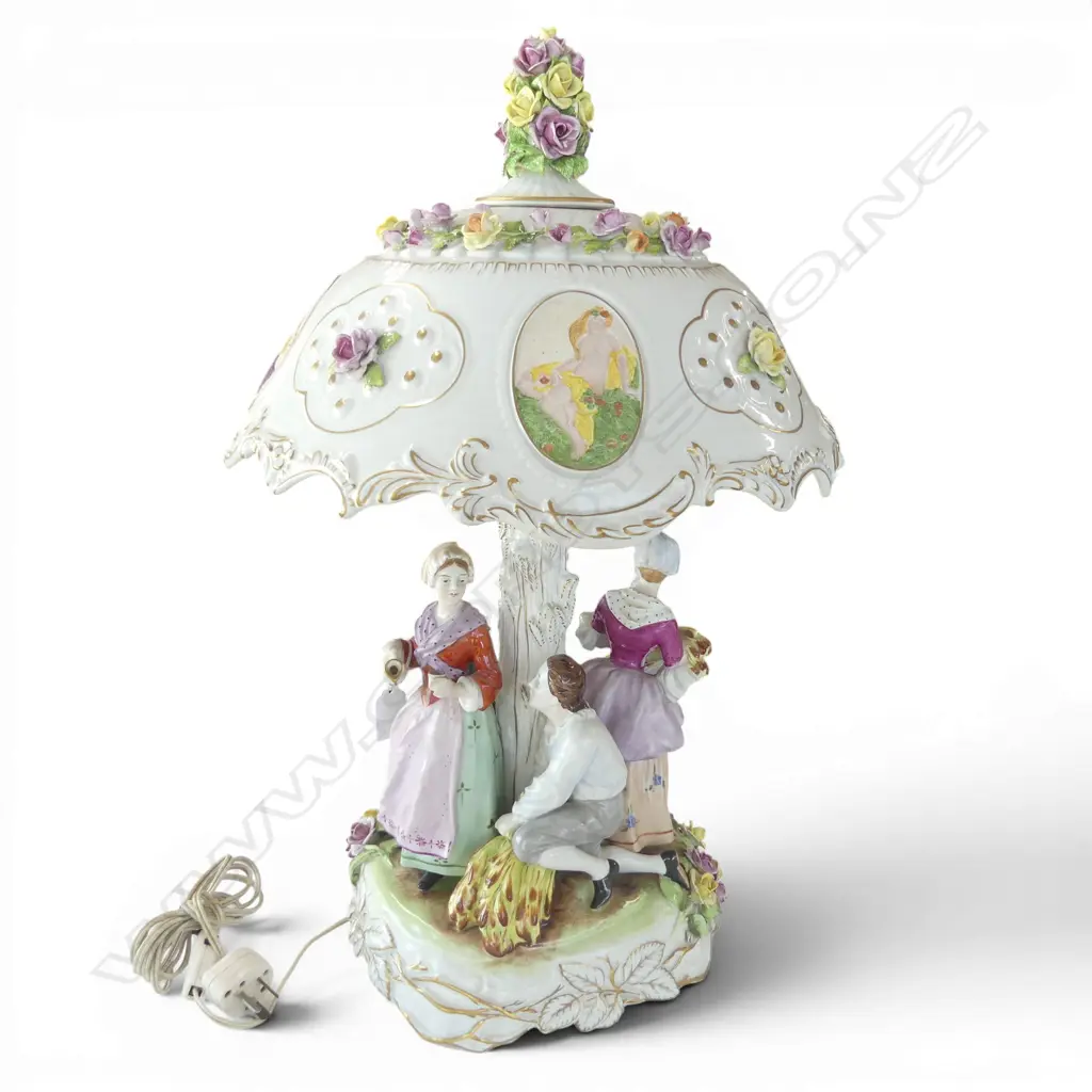 VINTAGE DRESDEN PORCELAIN FIGURAL TABLE LAMP minor chips & repairs to flowers on base & finial H.570mm Image 1++
