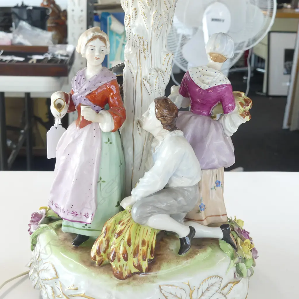 VINTAGE DRESDEN PORCELAIN FIGURAL TABLE LAMP minor chips & repairs to flowers on base & finial H.570mm Image 1++
