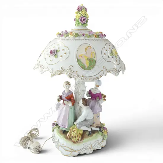 VINTAGE DRESDEN PORCELAIN FIGURAL TABLE LAMP minor chips & repairs to flowers on base & finial H.570mm
