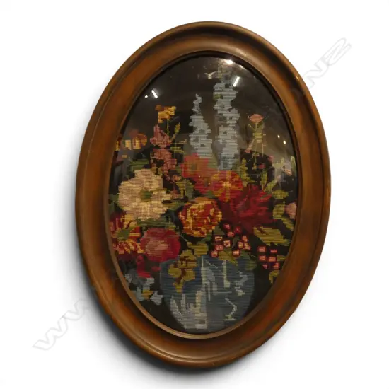 NEEDLEWORK VASE OF FLOWERS IN OVAL CONVEX FRAME 485x330mm (600x440mm OVERALL)