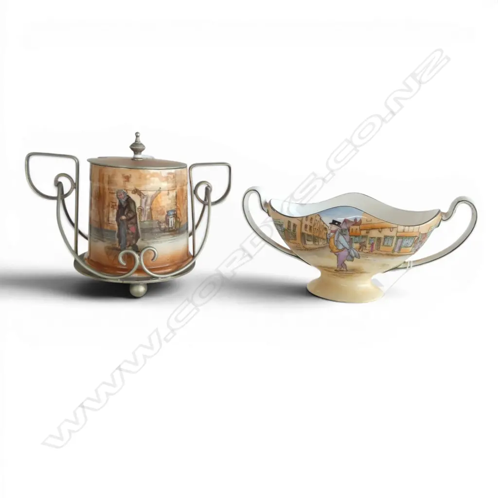 2 PCS ROYAL DOULTON DICKENS WARE, VASE, H.80x170mm & LIDDED JAM POT in PLATED CRADLE, H.120mm tarnished Image 1++