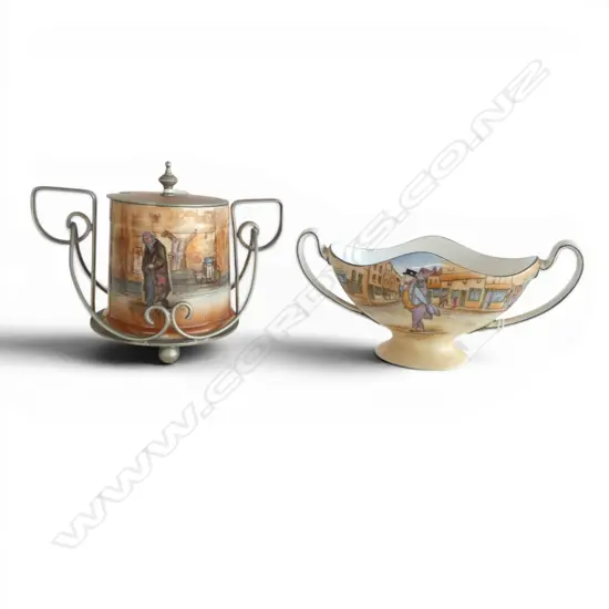2 PCS ROYAL DOULTON DICKENS WARE, VASE, H.80x170mm & LIDDED JAM POT in PLATED CRADLE, H.120mm tarnished