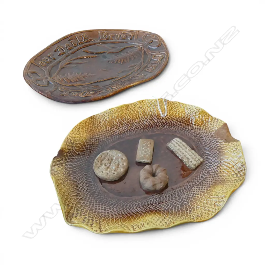 2 OLD PLATES: Bretby Huntly & Palmers biscuits + 'Give us This Day our Daily Bread' plate. Both with faults Image 1++