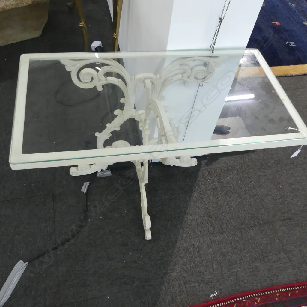 METAL PATIO TABLE BY UNDERWOOD OF INGLEWOOD, GLASS TOP 810x415x710mm Image 1++