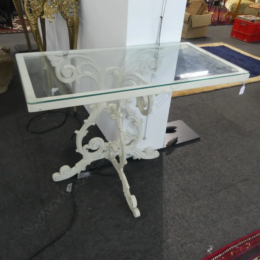 METAL PATIO TABLE BY UNDERWOOD OF INGLEWOOD, GLASS TOP 810x415x710mm Image 1++
