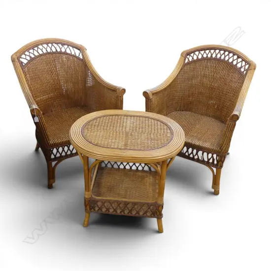 PR WOVEN CANE ARMCHAIRS + SIDE TABLE