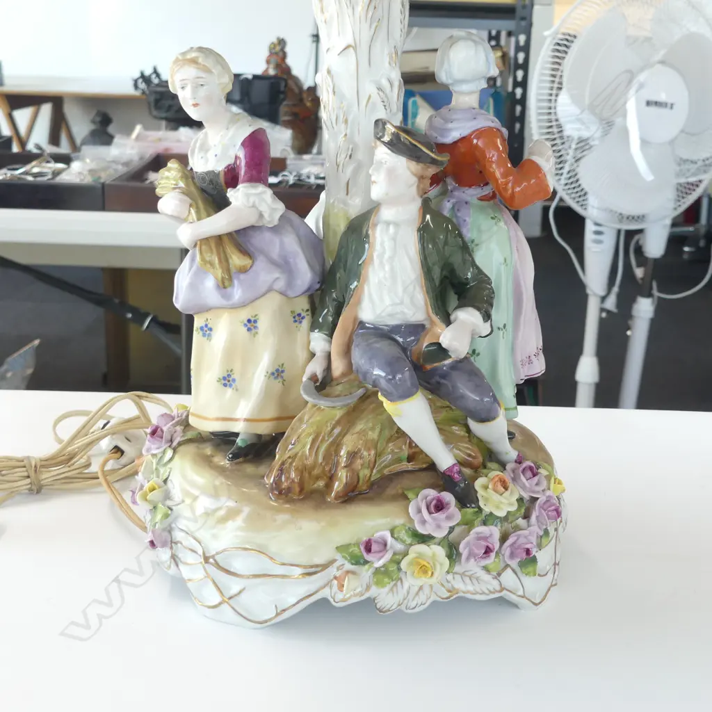 VINTAGE DRESDEN PORCELAIN FIGURAL TABLE LAMP minor chips to flowers on base & shade H.570mm Image 1++