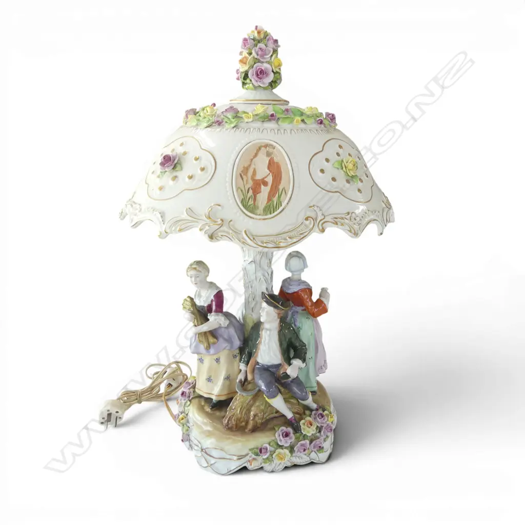 VINTAGE DRESDEN PORCELAIN FIGURAL TABLE LAMP minor chips to flowers on base & shade H.570mm Image 1++
