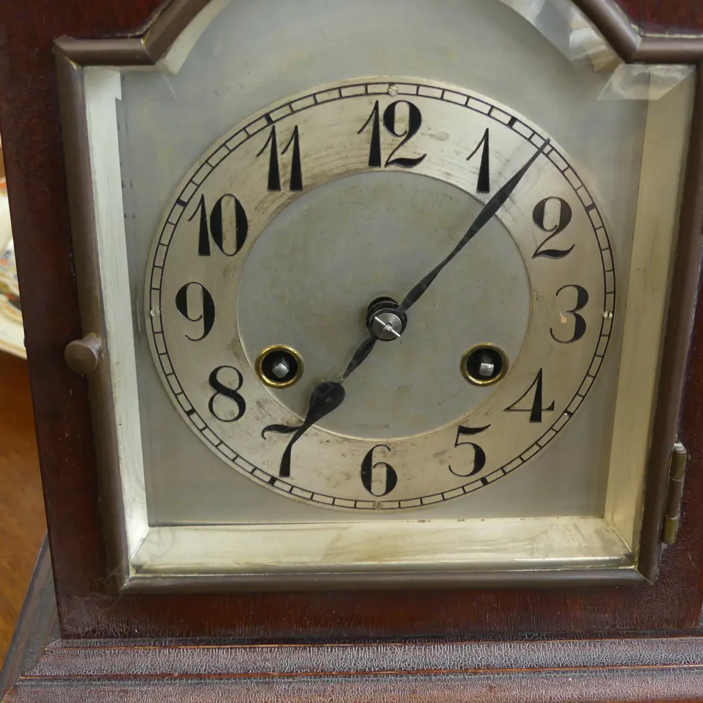 J. UNGHAMS GERMAN MANTEL CLOCK Presented to Major A.W. Barrett 1924, with pendulum & key H.300mm Image 1++