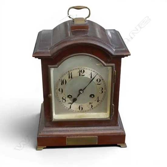 J. UNGHAMS GERMAN MANTEL CLOCK Presented to Major A.W. Barrett 1924, with pendulum & key H.300mm
