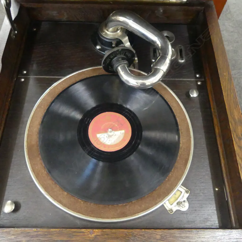 OAK UPRIGHT GRAMOPHONE + RECORD ALBUM Image 1++
