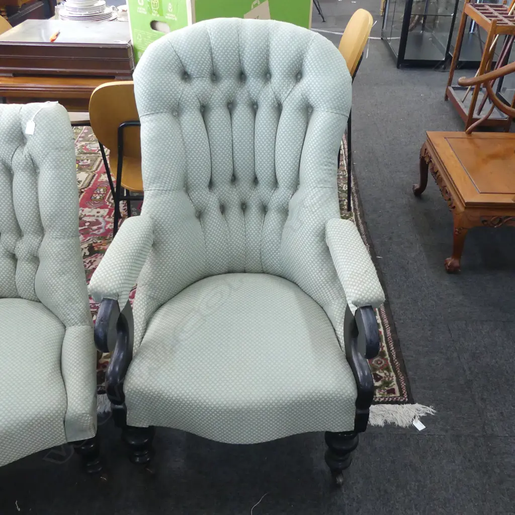 PR VICTORIAN EBONISED FRAMED SALOON CHAIRS buttoned backs Image 1++