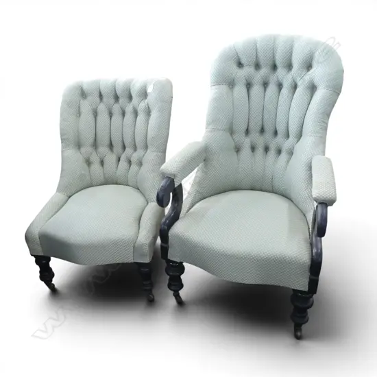 PR VICTORIAN EBONISED FRAMED SALOON CHAIRS buttoned backs