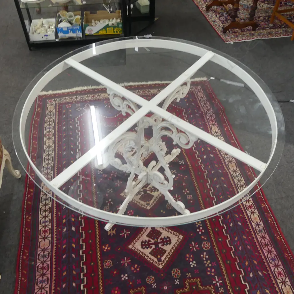 METAL PATIO TABLE BY UNDERWOOD OF INGLEWOOD, GLASS TOP 1220mm dia H.700mm Image 1++