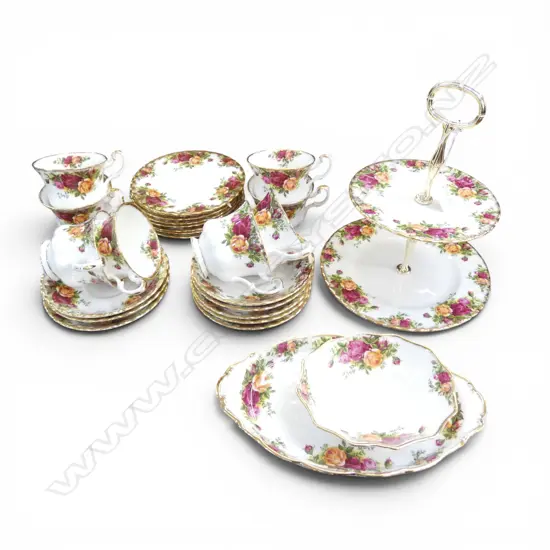 ROYAL ALBERT 'OLD COUNTRY ROSES' PART TEA SET; 8 TRIOS, TIERED STAND, 2 DISHES