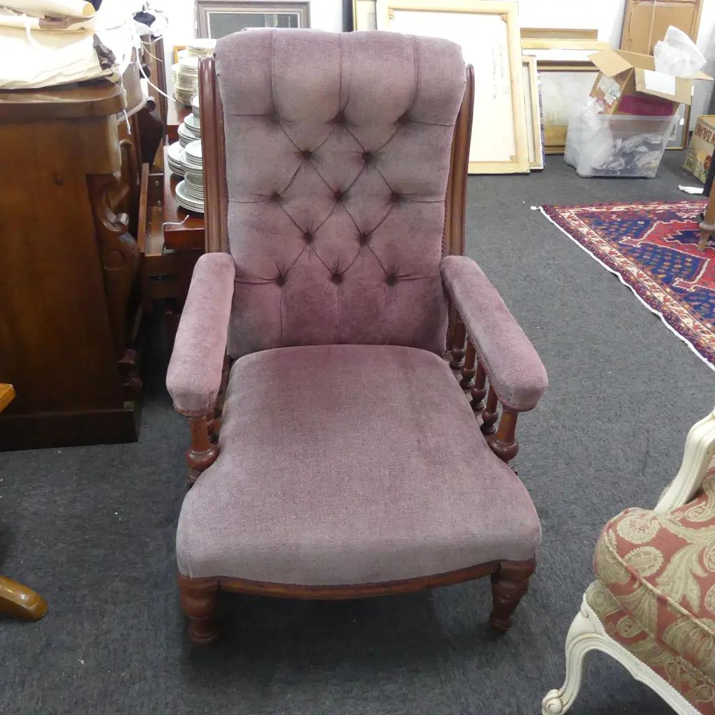 VICTORIAN MAHOGANY FRAMED ARMCHAIR with mauve button back upholstery spindle arm supports Image 1++