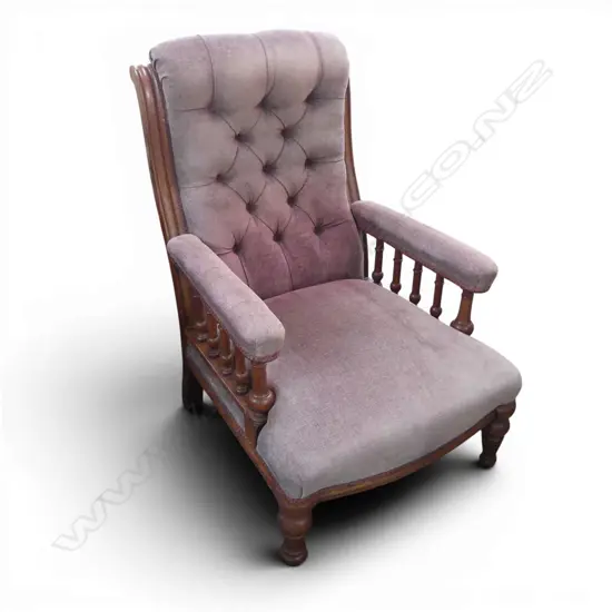 VICTORIAN MAHOGANY FRAMED ARMCHAIR with mauve button back upholstery spindle arm supports