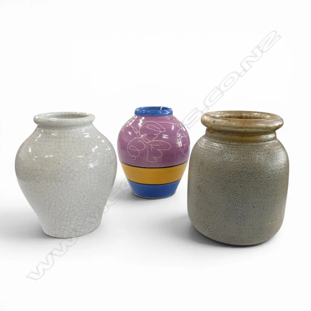 3 STUDIO POTTERY VASES; CRACKLE GLAZE, SALT GLAZE, JEFF SCHOLES NZ 1991 H.220mm  Image 1++