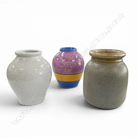 3 STUDIO POTTERY VASES; CRACKLE GLAZE, SALT GLAZE, JEFF SCHOLES NZ 1991 H.220mm 